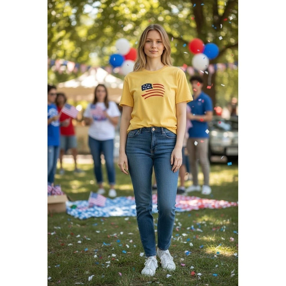 Cabin‎ Creek T-Shirt Womens Size 10 Yellow USA Flag Graphic Crew Neck patriotic